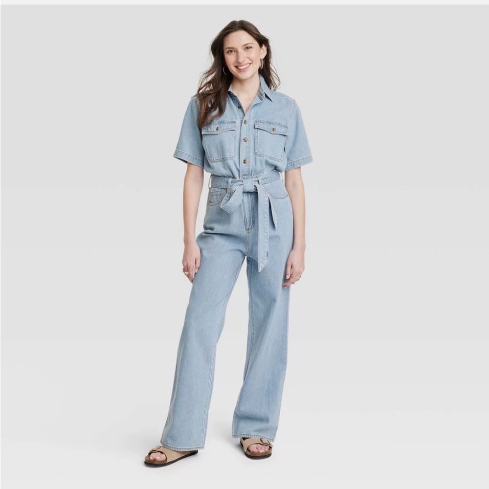 Light Wash Denim Jumpsuit with Tie Waist - Women's Jeans